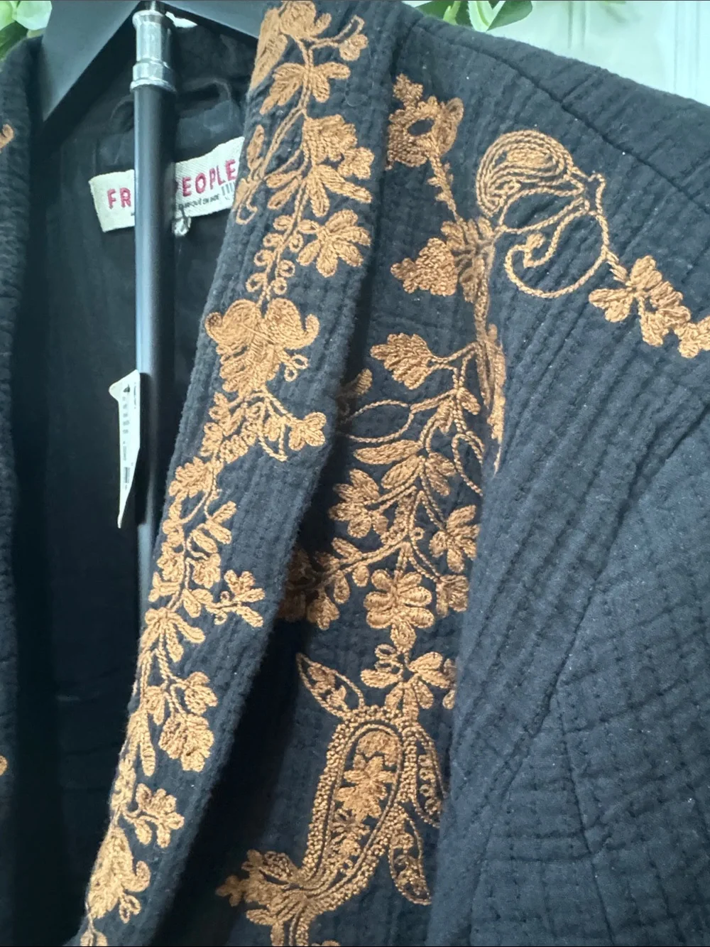 NWT! #396 FREE PEOPLE Willow Black & Gold Embroidered Ruffle Fray Hem Jacket